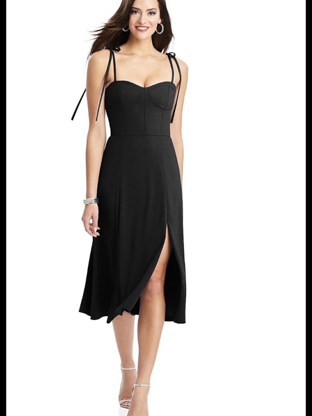 Black Tie-Shoulder Midi Dress with Front Slit, like new!